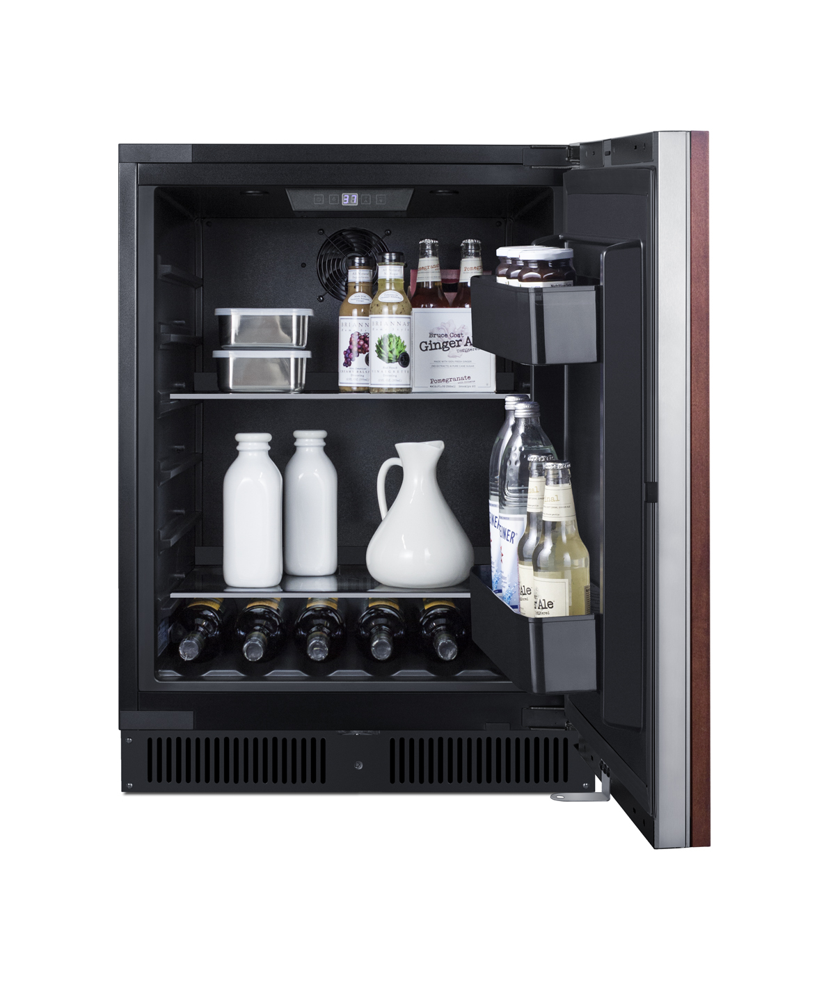 Built-in undercounter ADA compliant all-refrigerator with panel-ready door, black cabinet, door storage, and digital controls